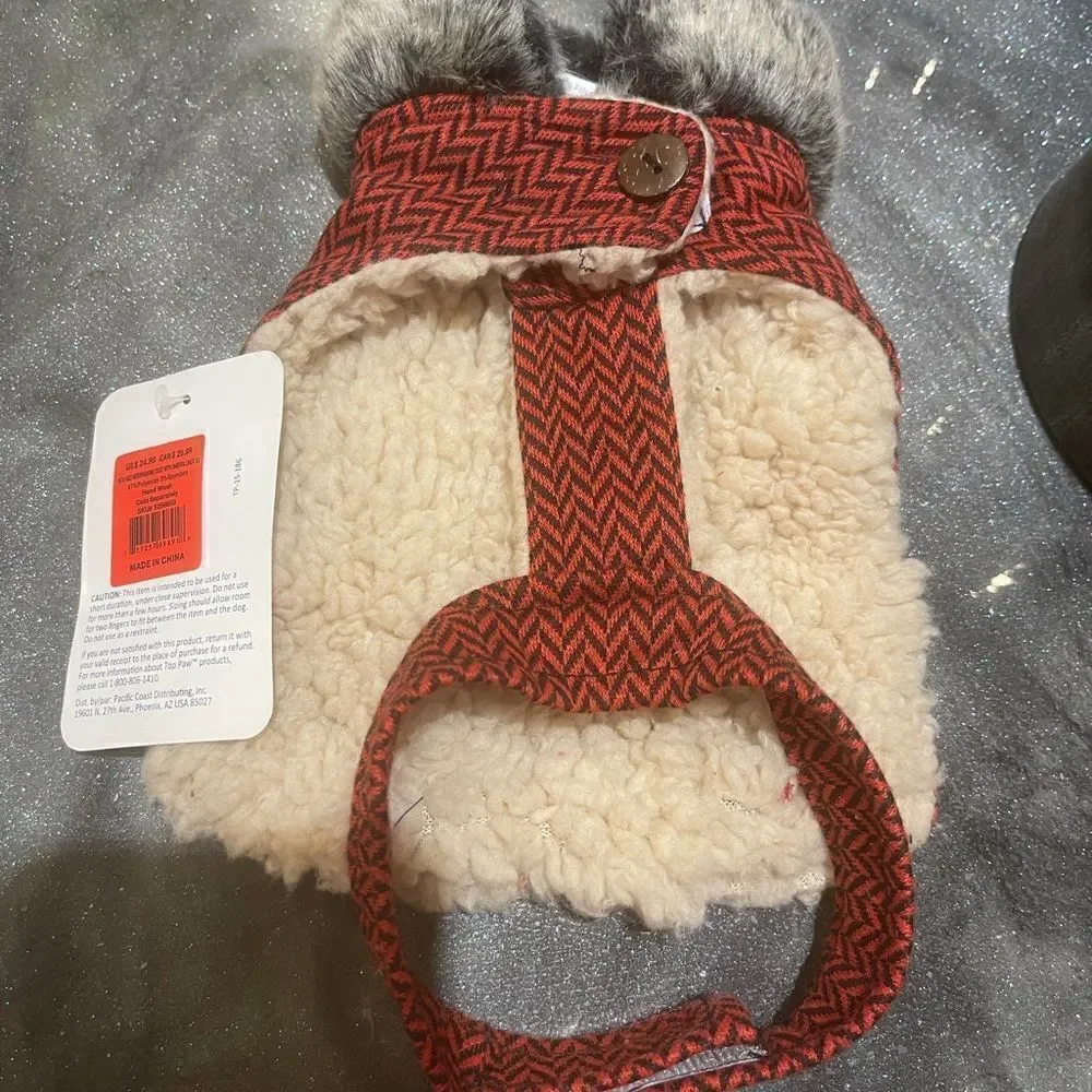 RED TWEED Harness Pet Jacket Vest w Faux Fur & Wooly Trim!